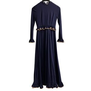 Vintage Anne Fogarty Dress 6 Blue Knit Maxi Tiered Ruffle Victorian Edwardian